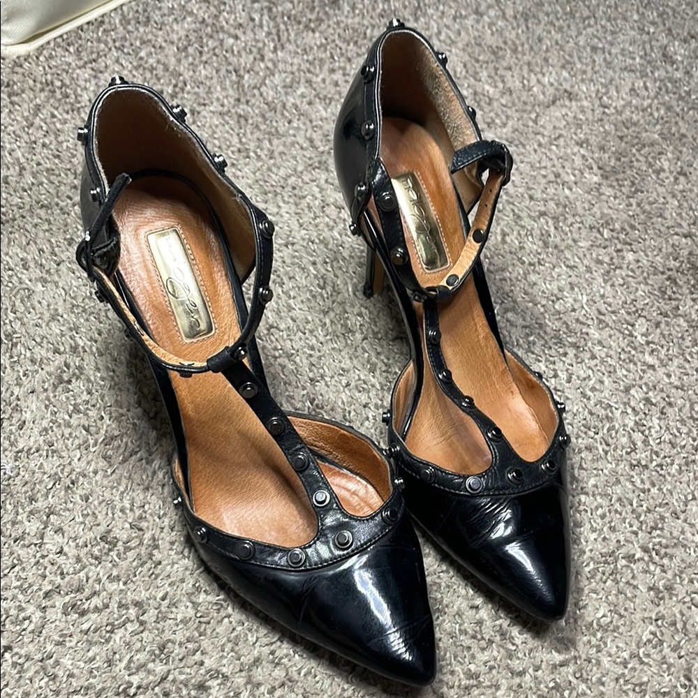 Halogen Black T-Strap Heels with Scalloped Edges